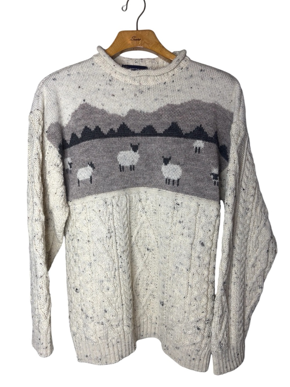 British Wool Sweater Men’s XL Sheep Cable Knit Roll Collar Winter Fisherman